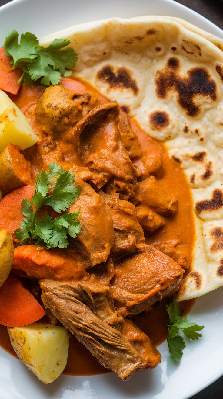 A plate of curried goat with potatoes, carrots, and flatbread.