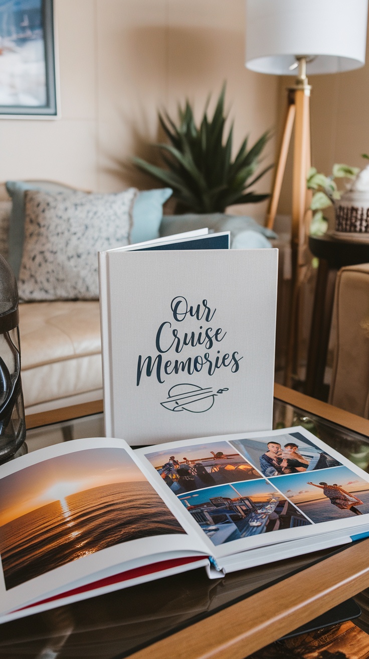 A custom photo book titled 'Our Cruise Memories' is displayed on a table, showcasing beautiful photos from a cruise.