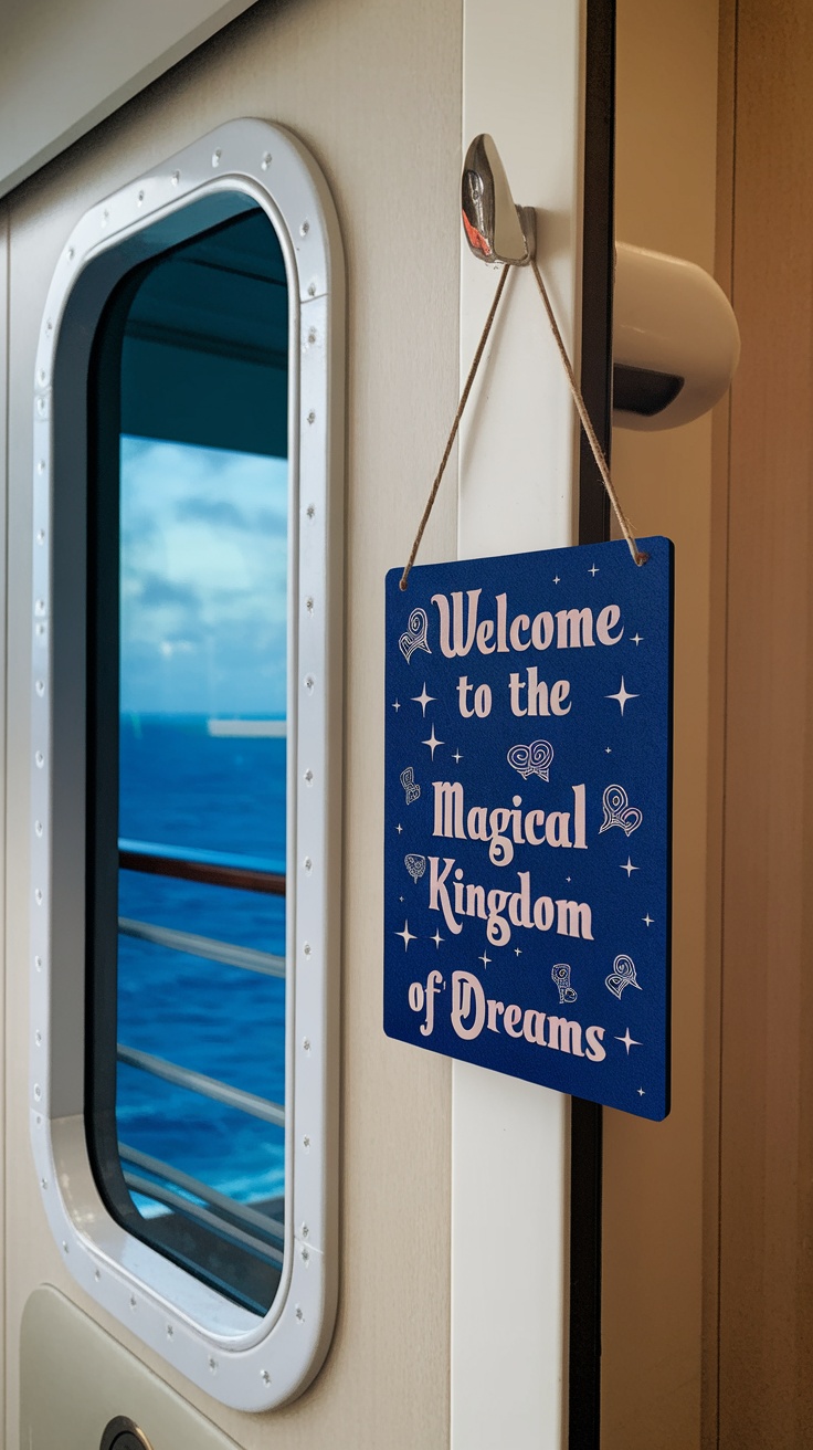 Customized cabin door sign that says 'Welcome to the Magical Kingdom of Dreams' hanging on a cruise ship door.