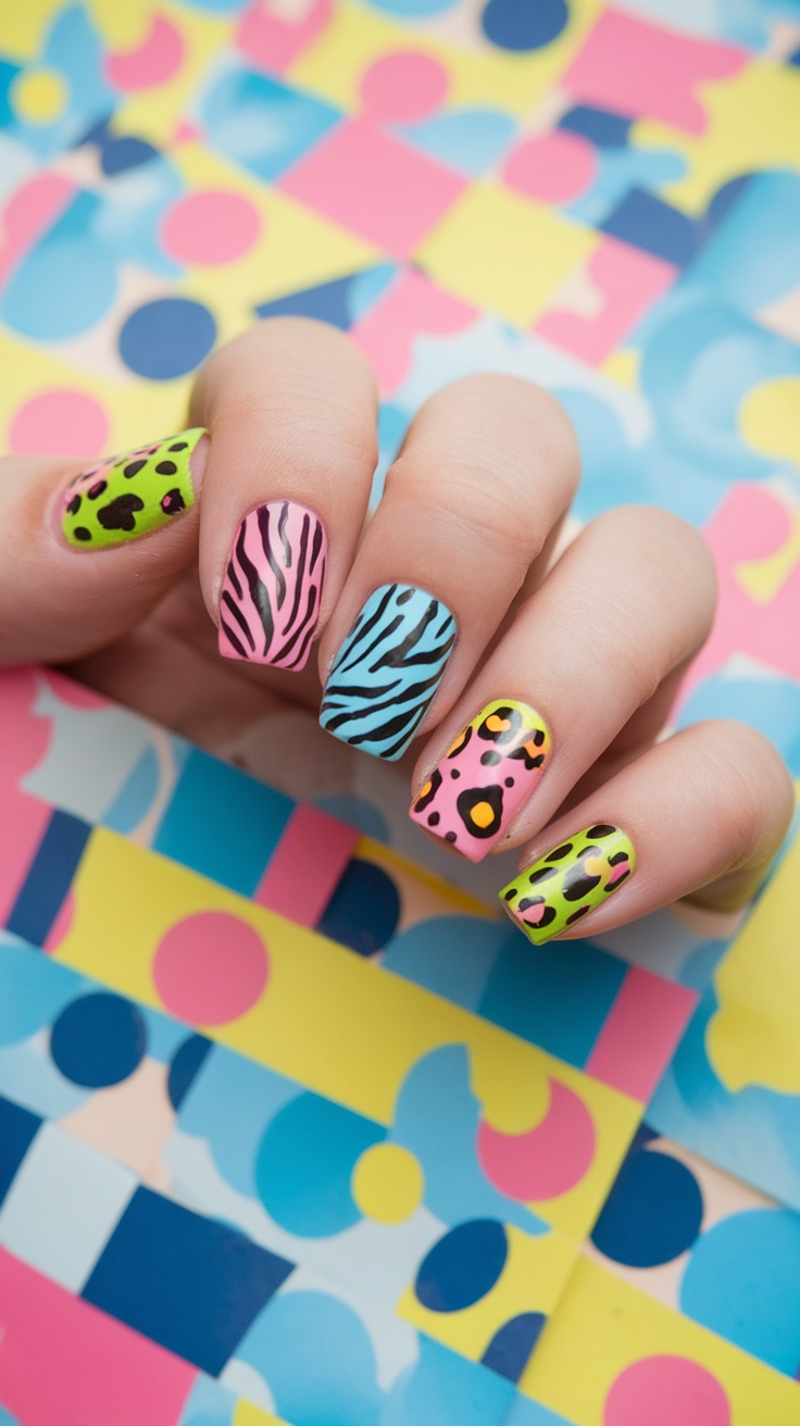 Colorful animal print nails featuring zebra and leopard patterns.