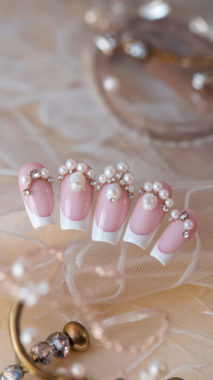 Short nails decorated with pink polish, pearls, and rhinestones on a soft background.