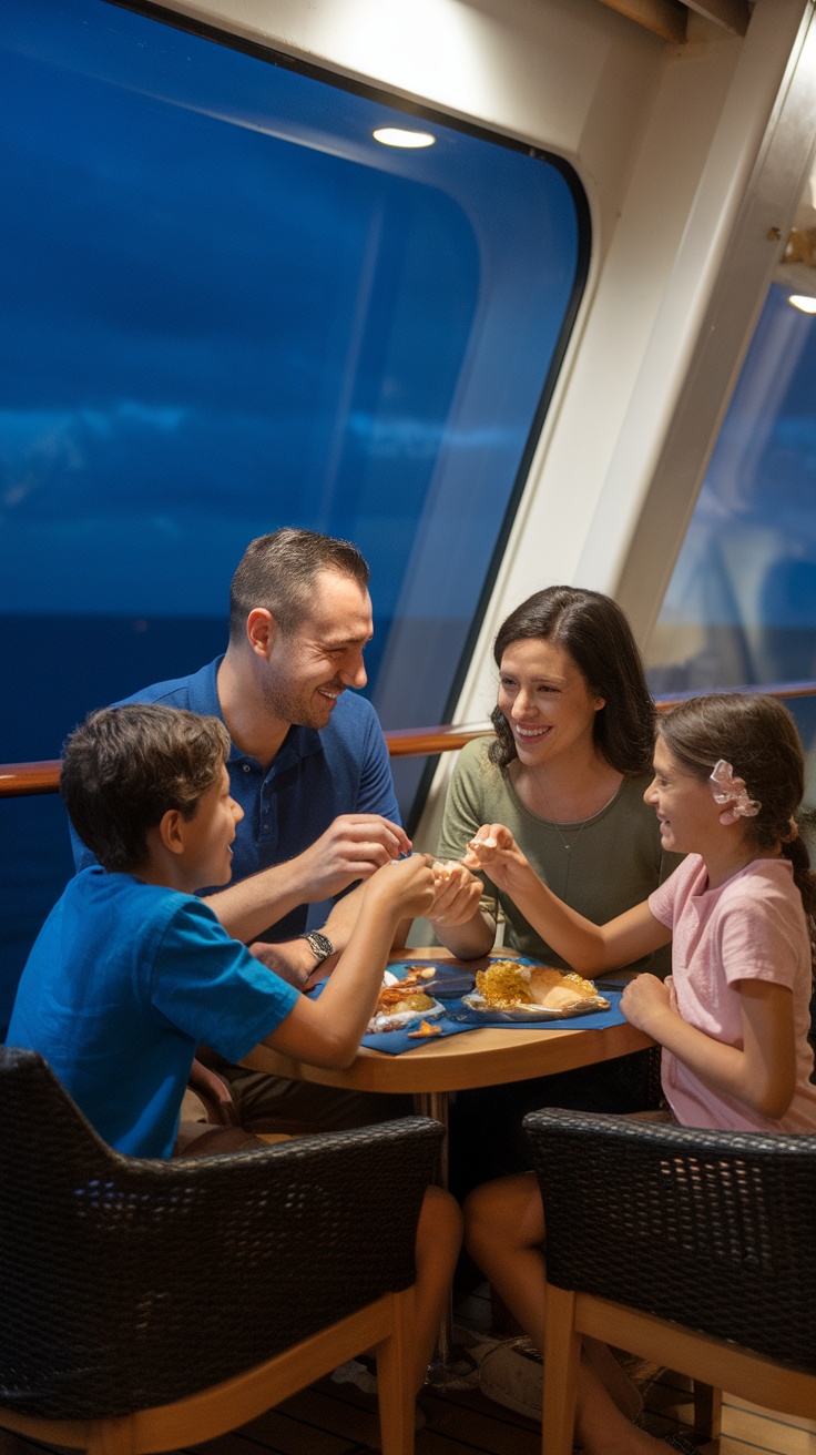 A family enjoying dinner together on a cruise