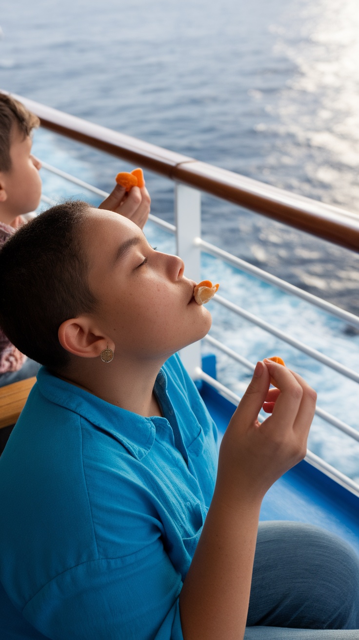 Children enjoying snacks on a cruise ship while looking at the ocean