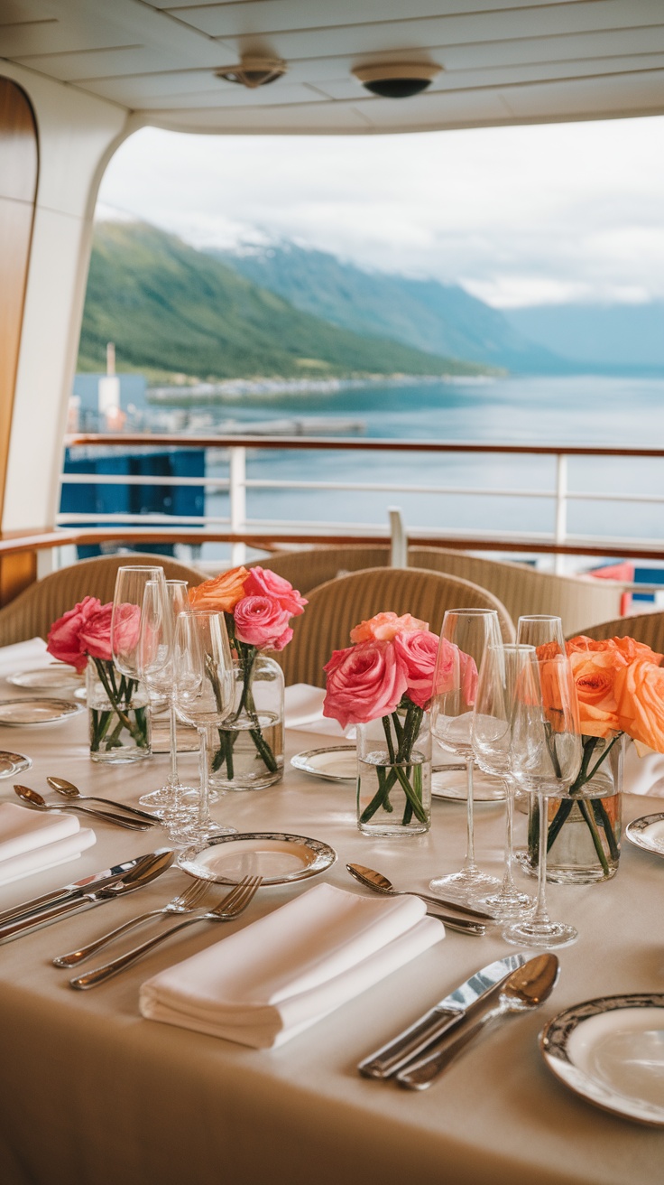 A beautifully set dining table with flowers, overlooking an Alaskan landscape.