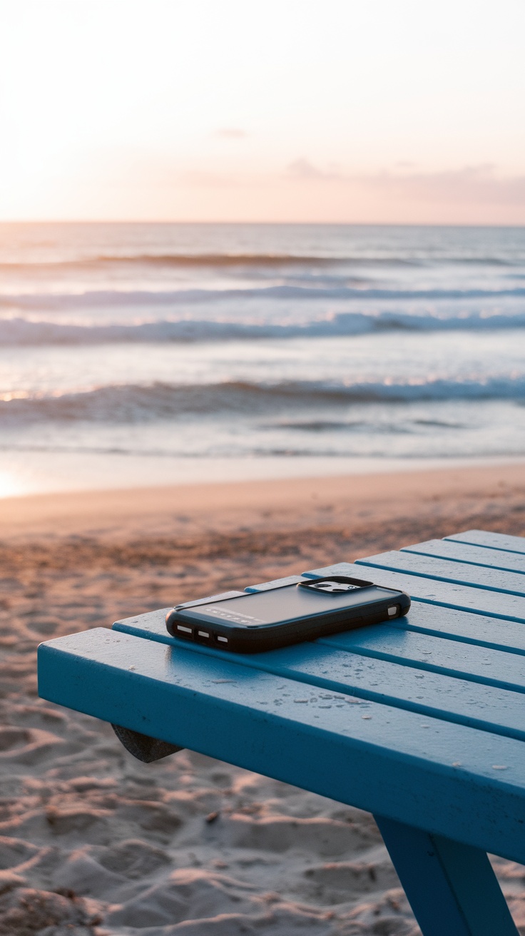 A waterproof phone case resting on a blue table at the beach during sunset.