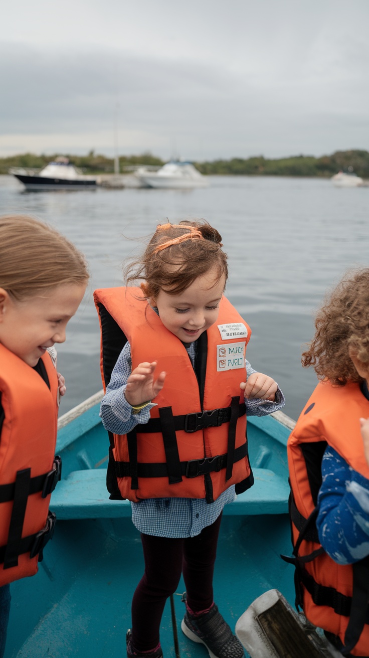 Children wearing life jackets on a boat, enjoying the water.
