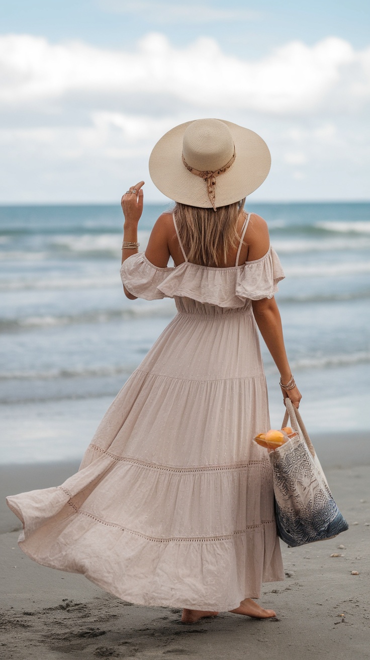 A woman in a flowing maxi dress and wide-brim hat walking along the beach.