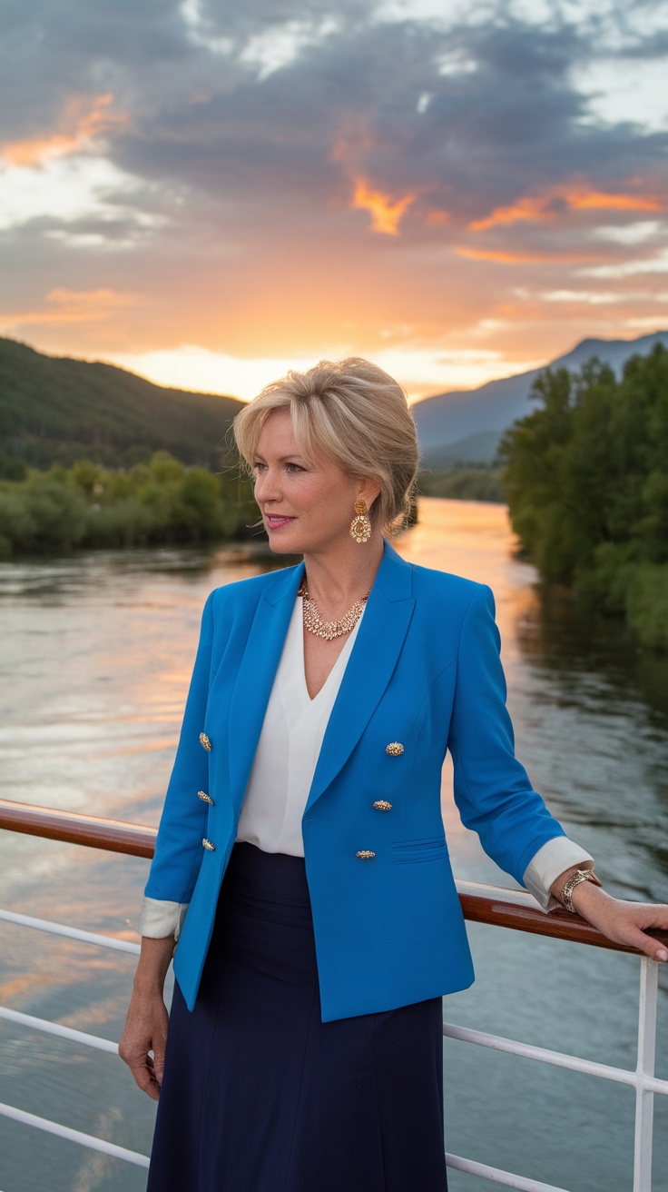 A woman in a blue blazer and navy skirt stands on a river cruise, with a sunset in the background.