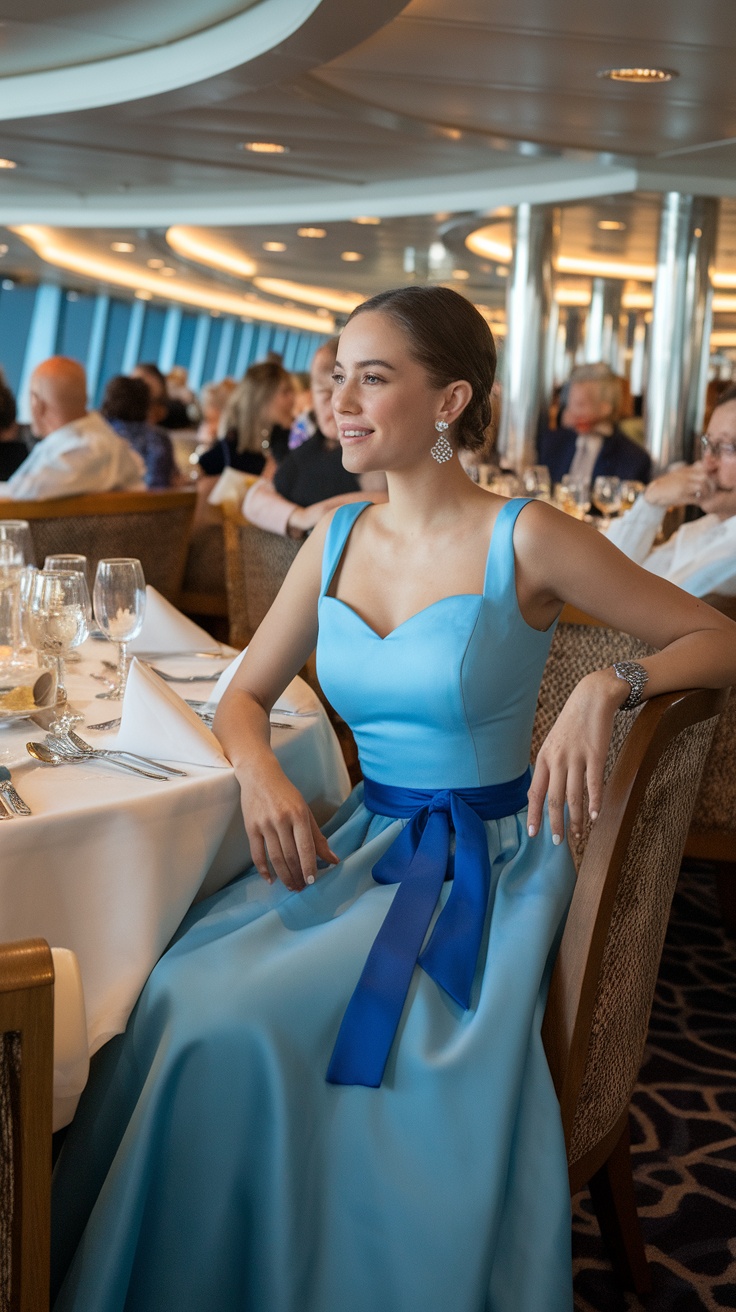 A woman wearing a light blue A-line dress with a blue ribbon, sitting at a dinner table on a cruise.