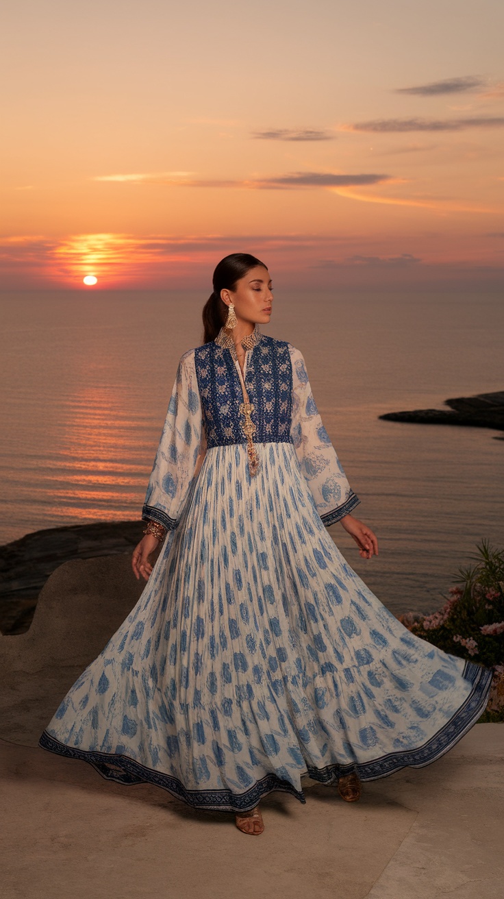 A woman in an elegant dress stands by the ocean during sunset.