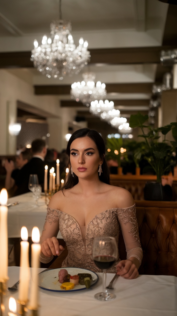 A woman wearing an evening dress at a formal dinner setting with candles and chandeliers in the background.