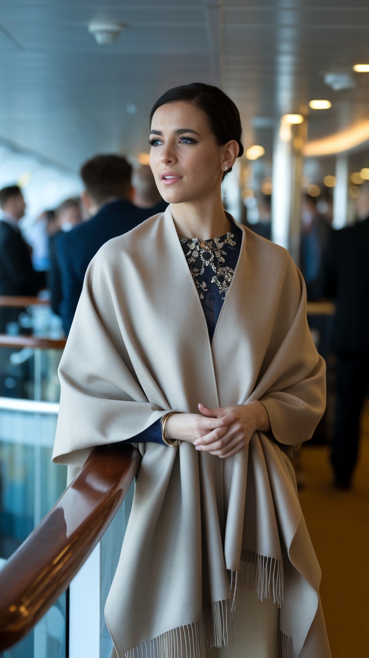 A woman wearing a stylish evening wrap, standing elegantly on a cruise ship.