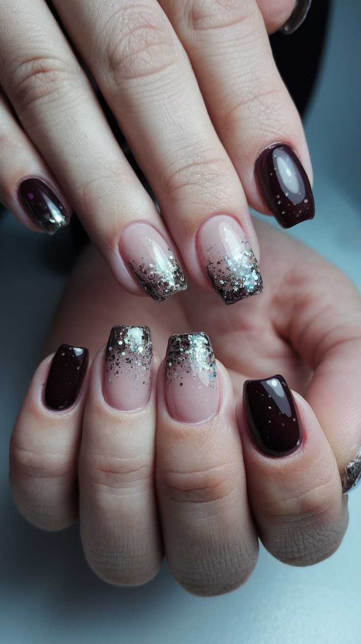 Elegant glitter gradient nails with a mix of deep burgundy and light nude shades.