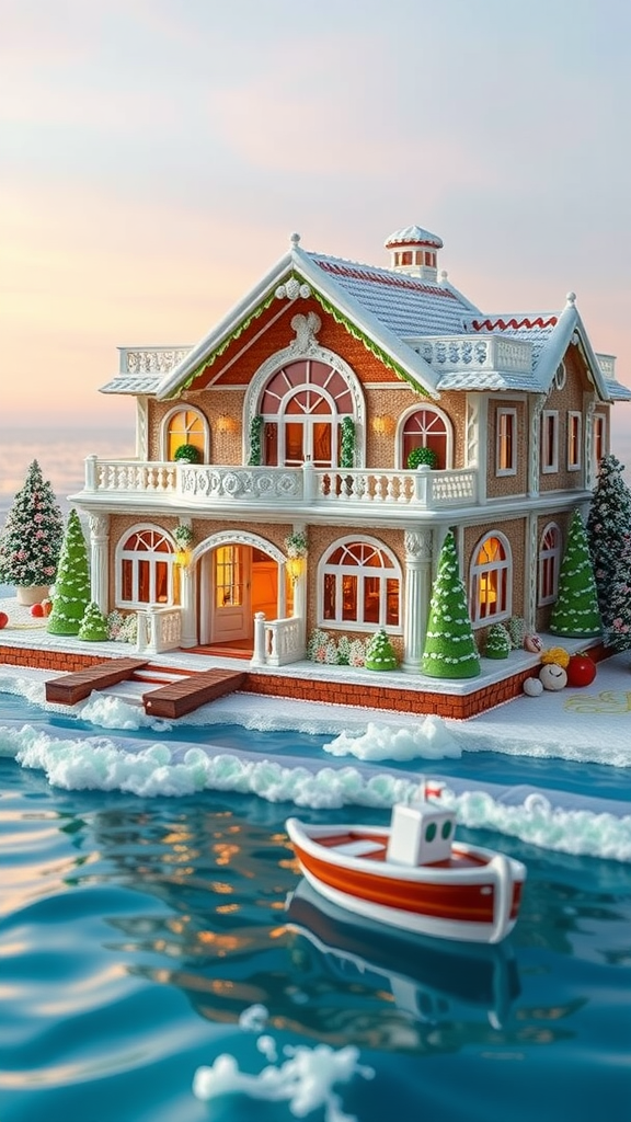 A picturesque oceanfront villa with a cozy appearance, surrounded by trees and water.