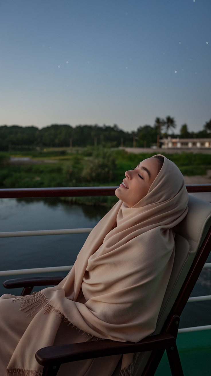A woman relaxing on a river cruise while wrapped in a pashmina, enjoying the evening.