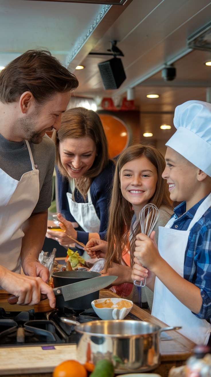A family cooking together in a cruise ship kitchen, smiling and enjoying their time.