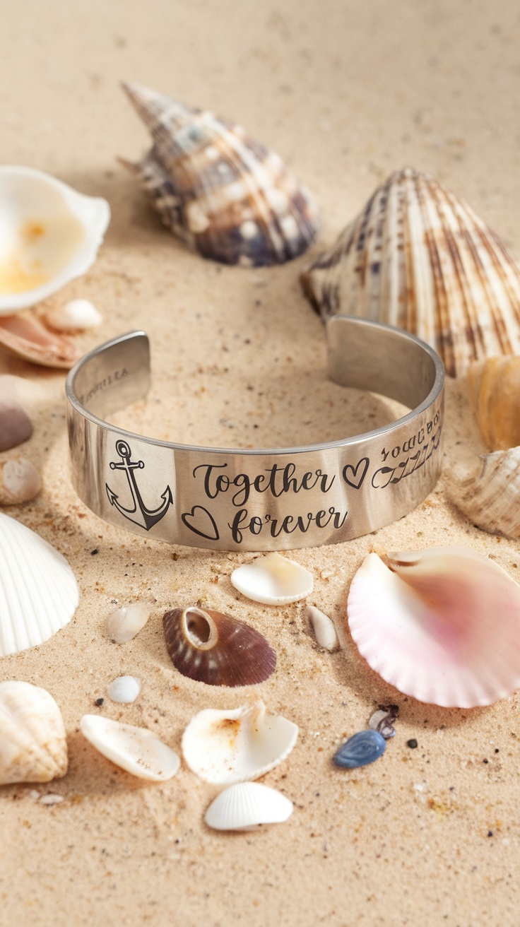 An engraved nautical bracelet resting on sandy beach with seashells.