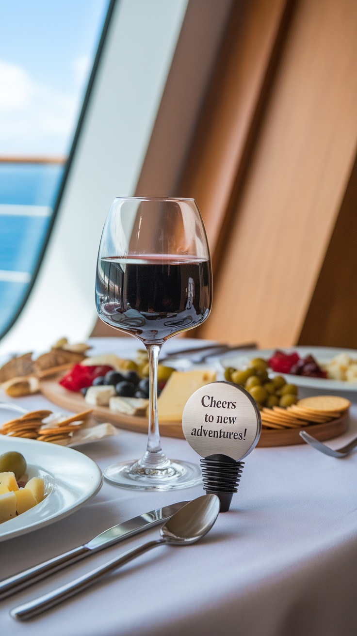 A glass of red wine on a table with a plate of cheese and a sign saying 'Cheers to new adventures!'