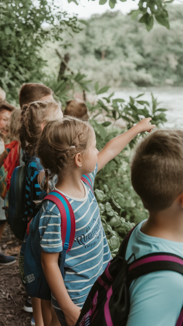 A group of children observing nature near water, with some pointing and looking closely.