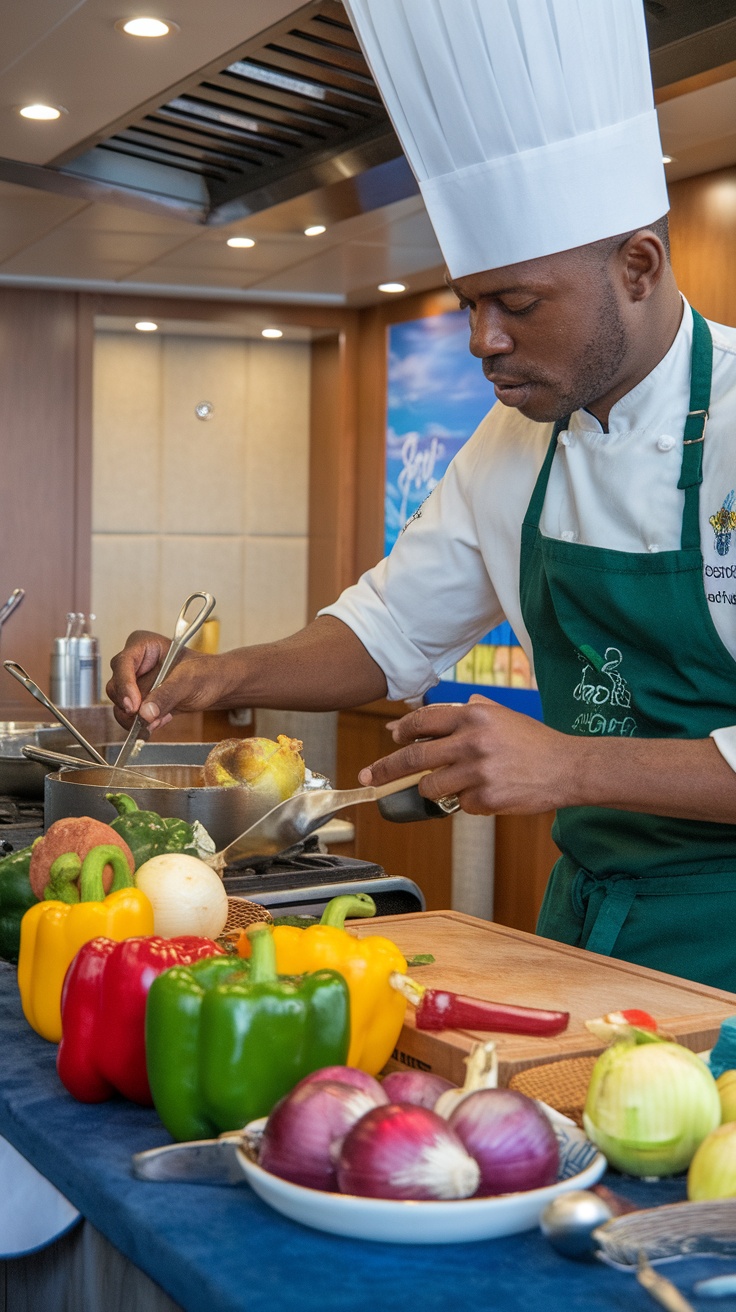 A chef preparing food in a culinary class with colorful vegetables on the table.