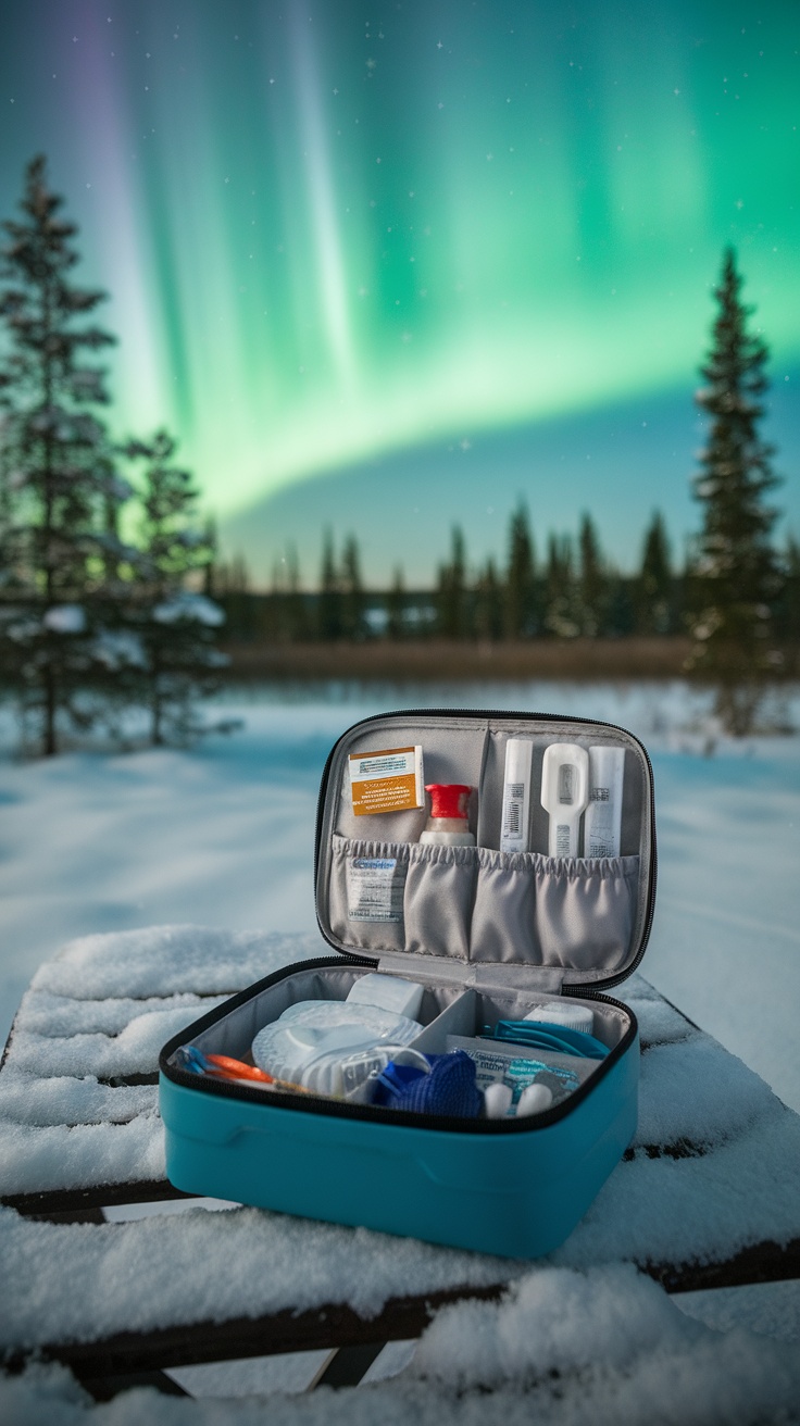 An open first aid kit on a snowy surface with the northern lights in the background.