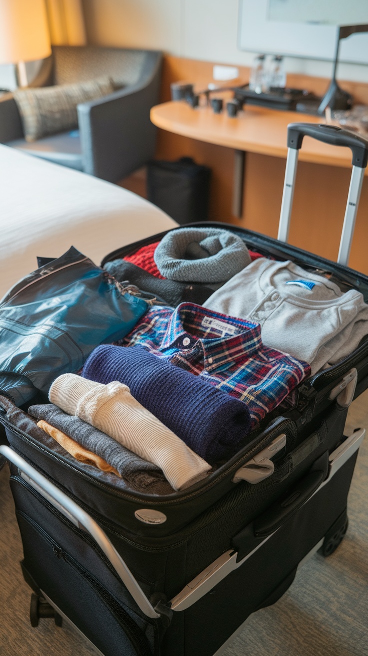 A neatly packed suitcase with folded clothes, including sweaters and shirts, ready for a trip.