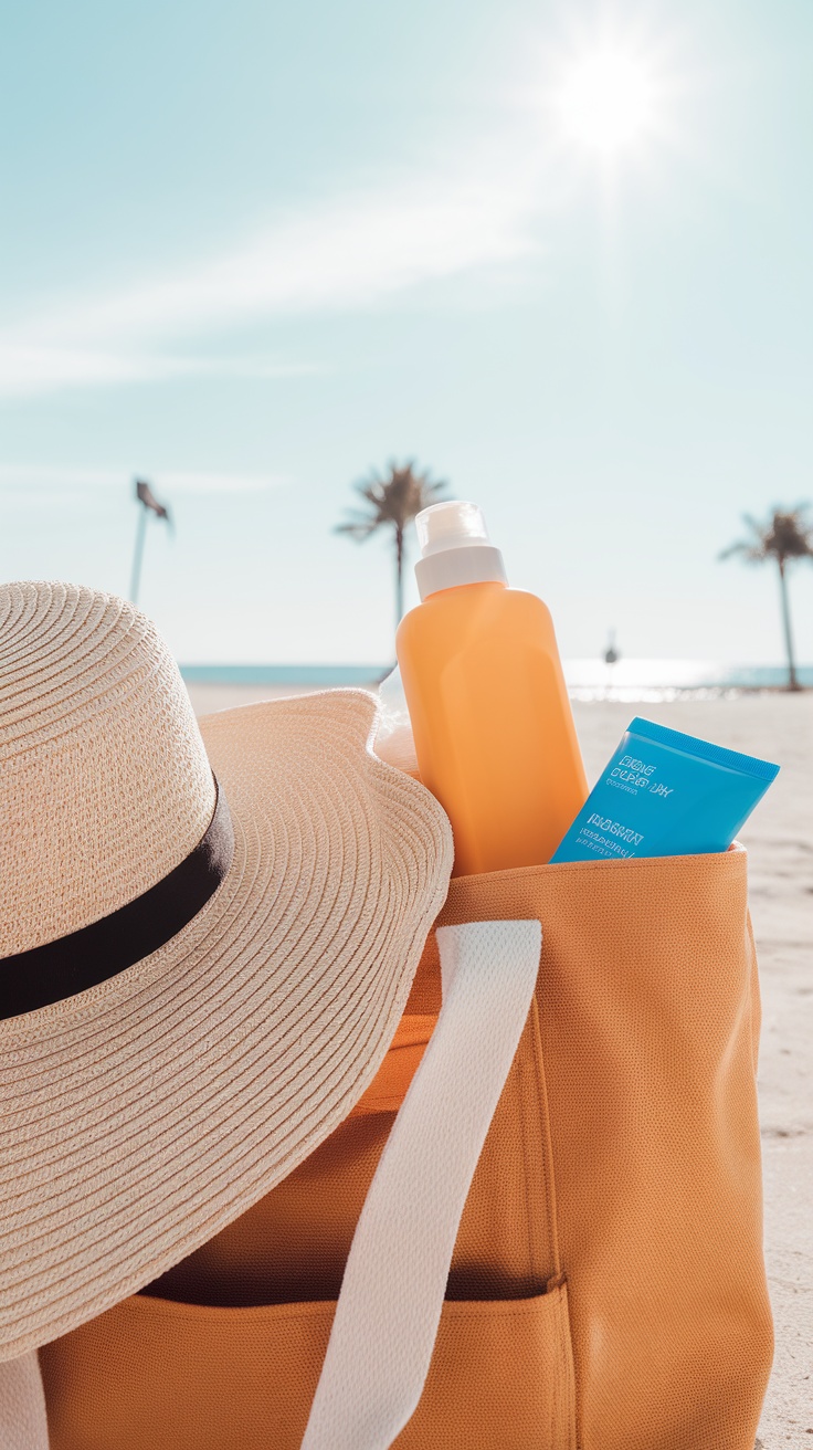 A beach hat and bottles of sunblock in a tote bag on the beach