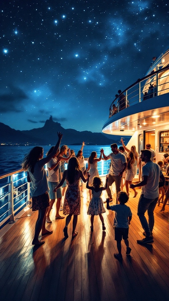 Family dancing on a cruise deck under a starry night sky