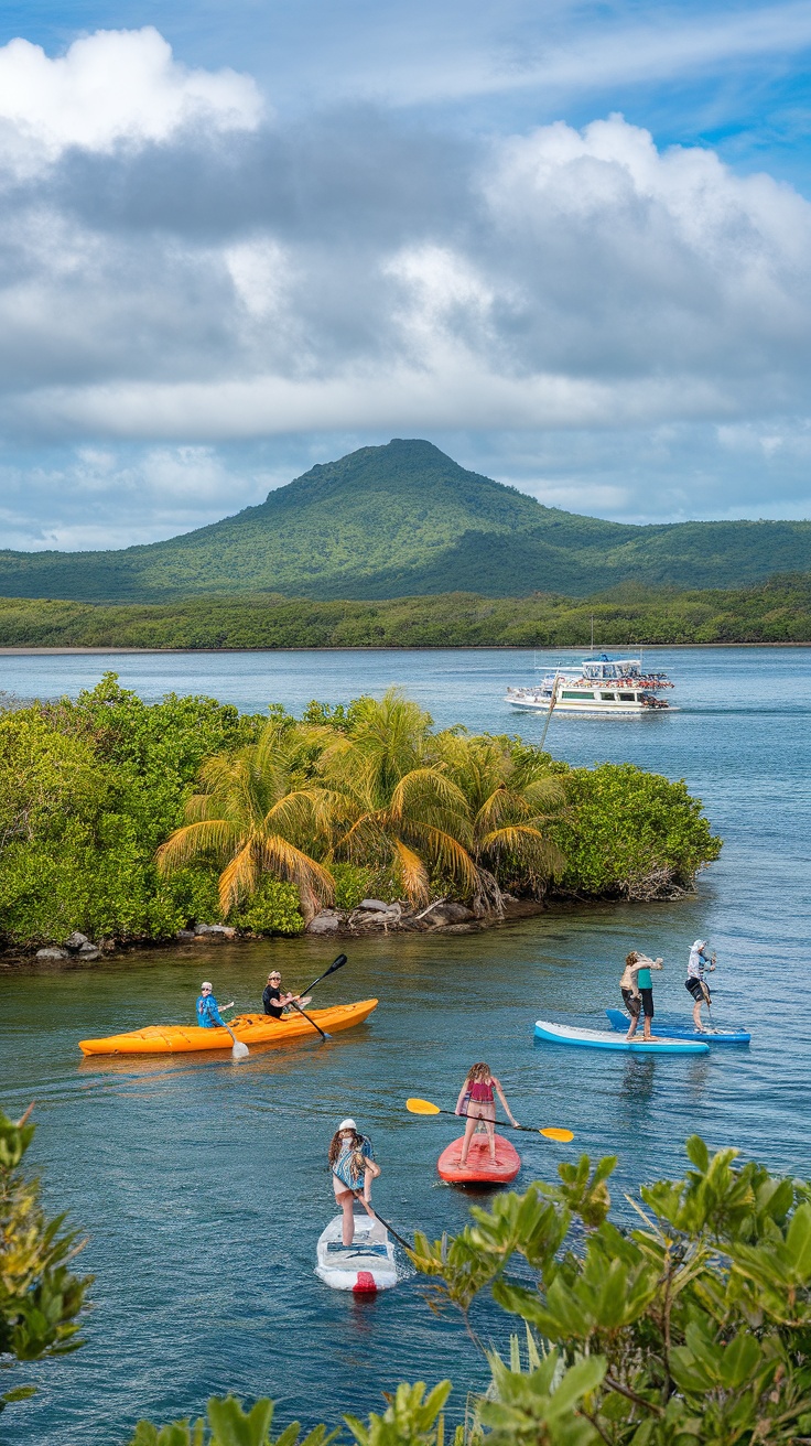 People kayaking and paddleboarding near lush green islands and a mountain in the background.