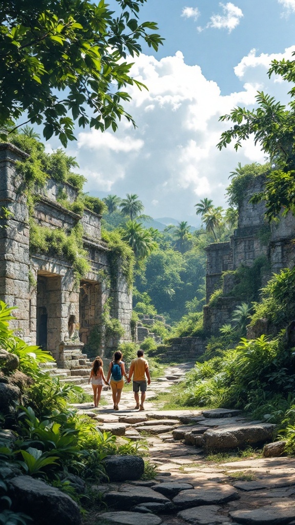 A family walking through ancient ruins surrounded by lush greenery and blue skies.