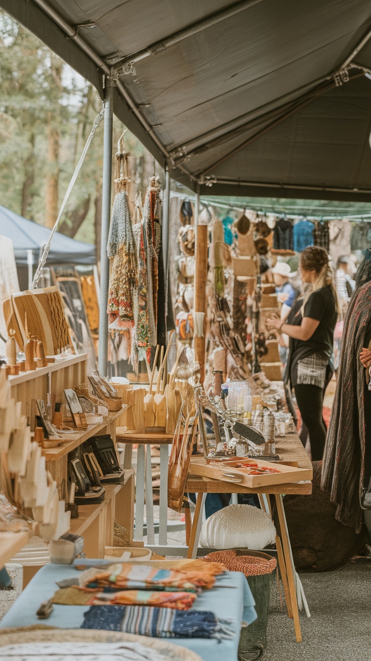A vibrant market displaying various local crafts and handmade goods in Alaska.