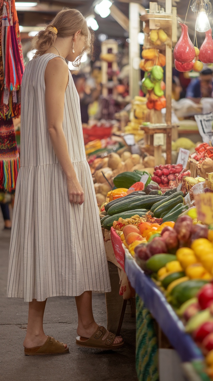 A woman in a striped dress shopping at a market filled with fruits and vegetables.