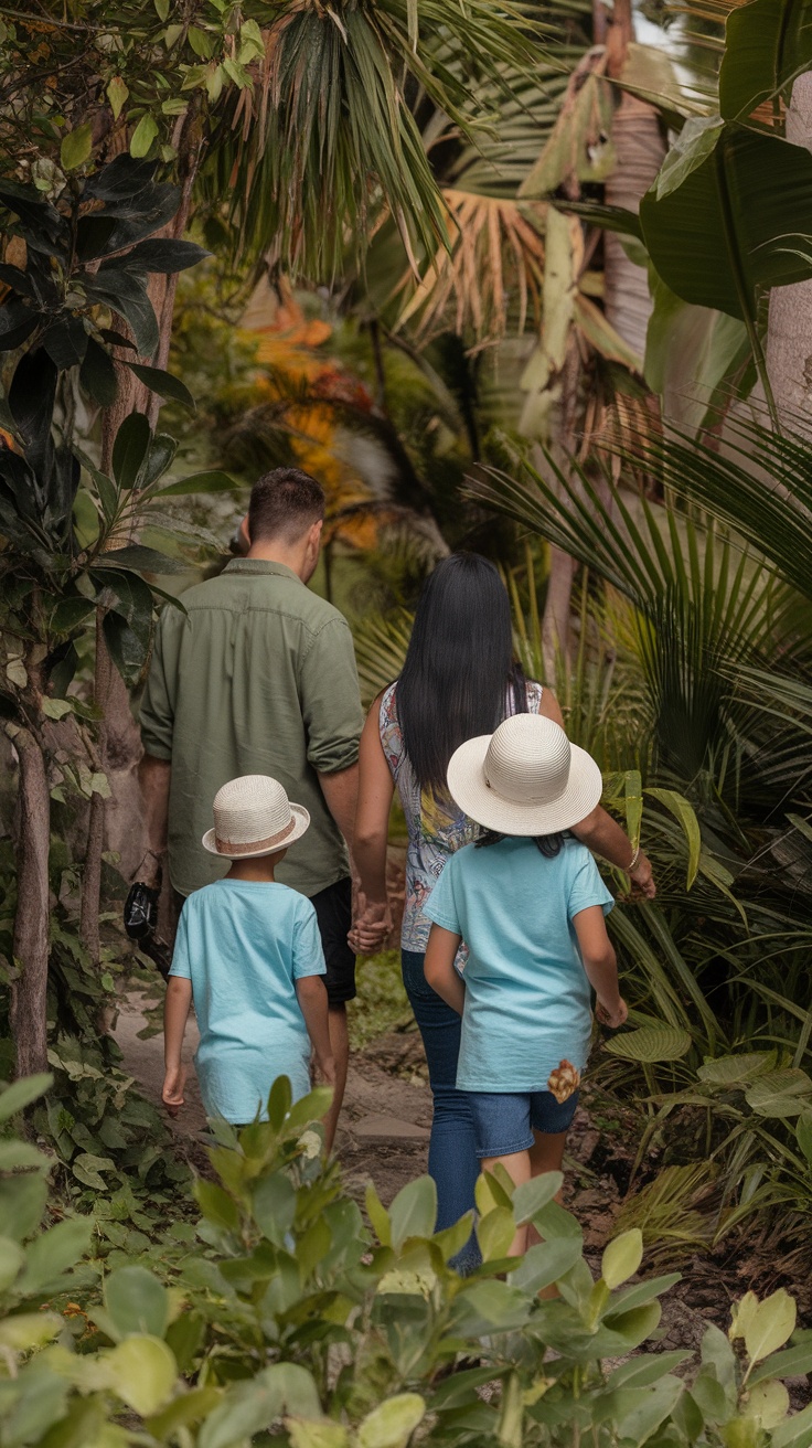 A family walking together on a nature trail surrounded by tropical plants.