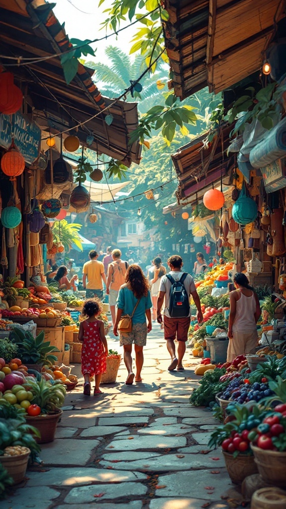 A family exploring a vibrant Caribbean market filled with colorful fruits and handmade items.