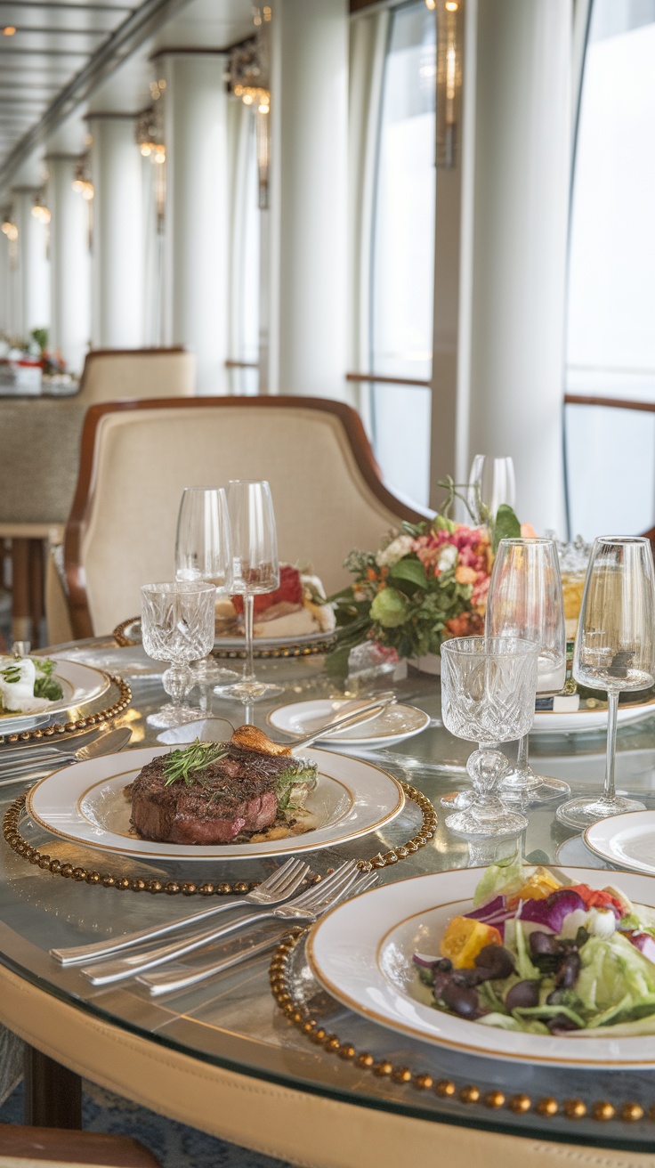 A beautifully set dining table with gourmet dishes, including steak and salad, in a luxurious cruise setting.