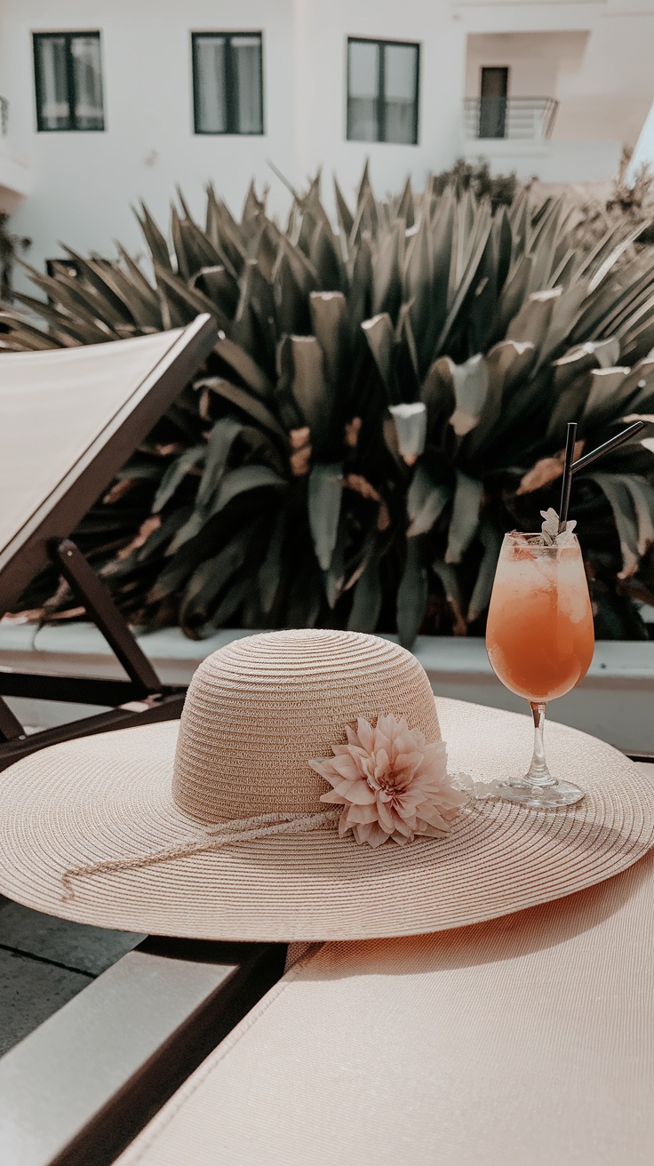 A wide-brimmed straw hat with a flower sits beside a tropical drink on a lounge chair.