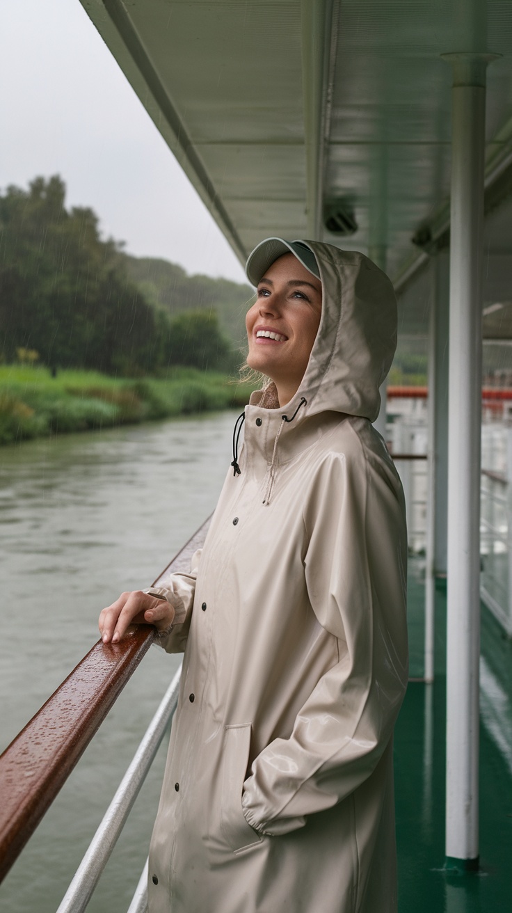 A woman wearing a light-colored raincoat on a river cruise, enjoying the rain.