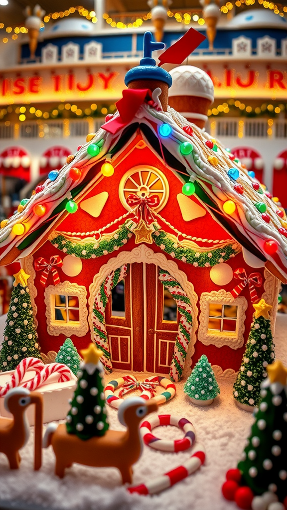 A whimsical gingerbread house decorated with colorful lights and festive elements.