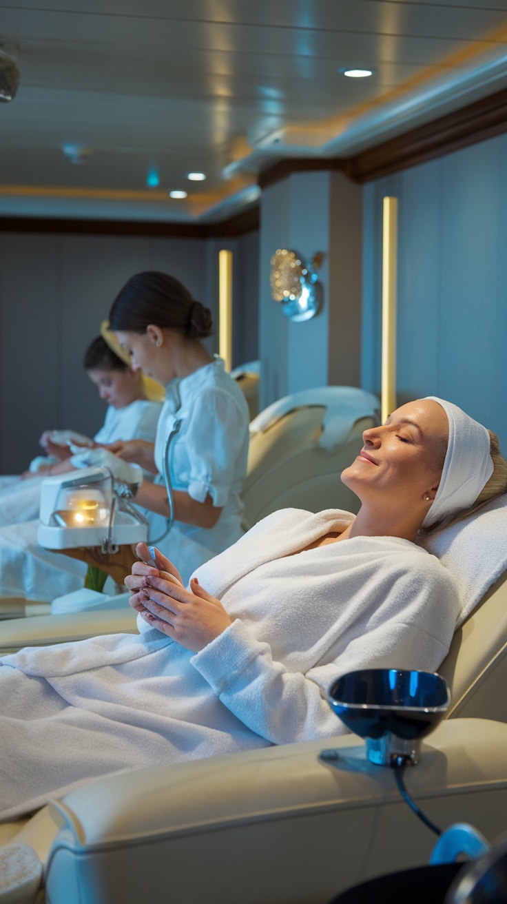 A spa setting on a cruise ship with women enjoying treatments in comfortable robes.