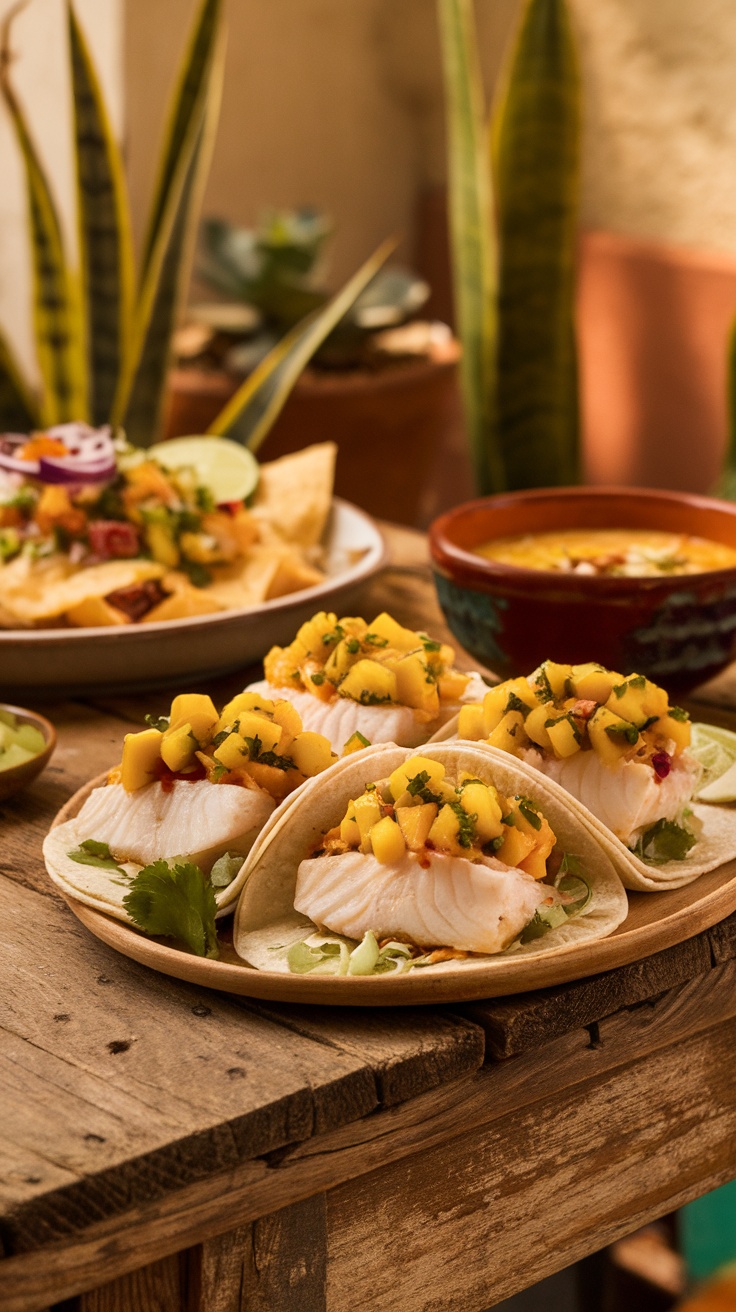 A plate of fish tacos topped with mango salsa, served with lime and cilantro.