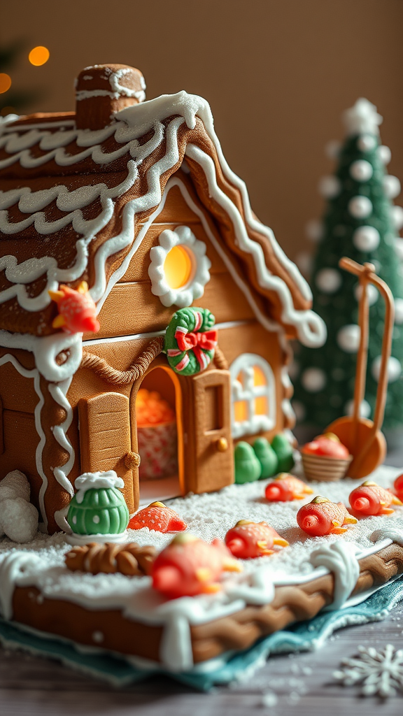 A detailed gingerbread house decorated with icing and candy, resembling a fishing village.