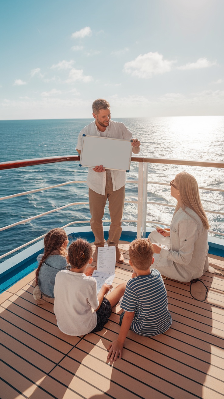 A family on a cruise ship discussing plans with a whiteboard and papers, overlooking the ocean.