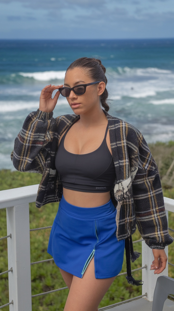 A young woman wearing a black crop top and a blue skort, with a plaid jacket and sunglasses, standing outdoors near the ocean.