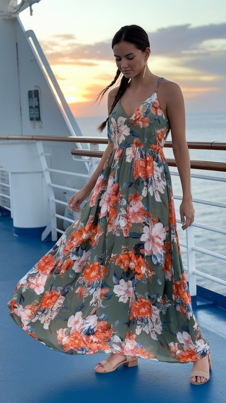 A woman wearing a floral maxi dress on a cruise deck at sunset.