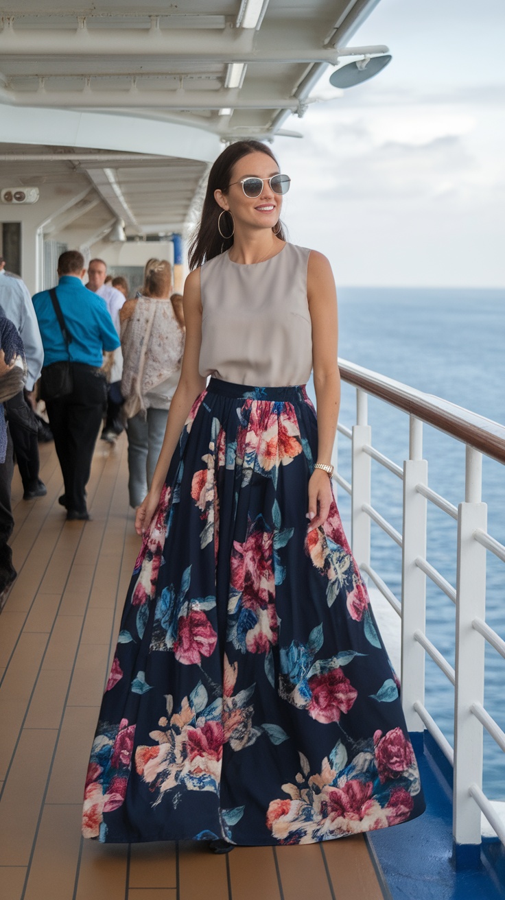 Woman wearing a floral print maxi skirt on a cruise ship