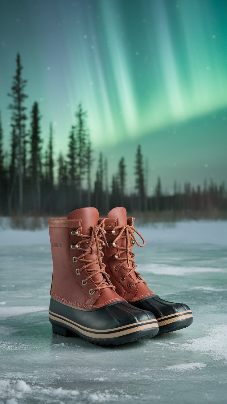 A pair of warm, waterproof boots suitable for cold and icy conditions.
