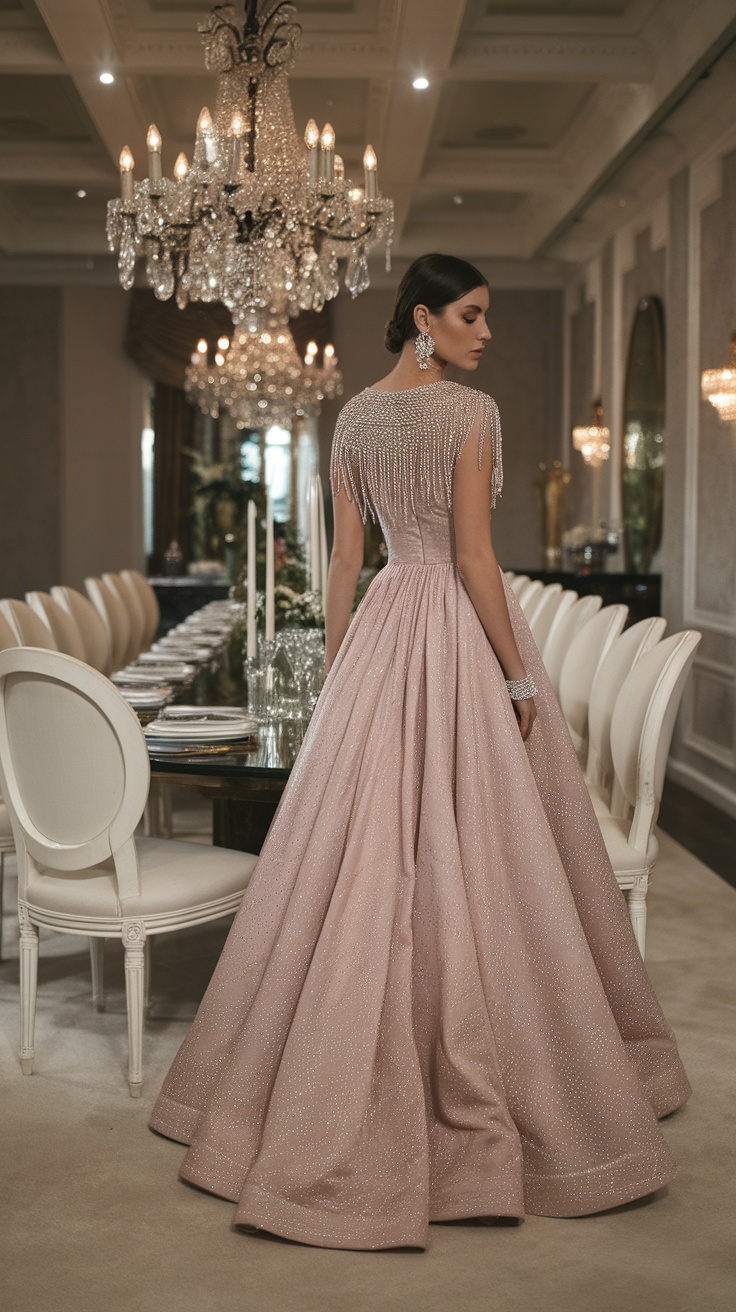 A woman in a stunning formal gown, viewed from the back, showcasing a beautiful chandelier and an elegant dining room setting.