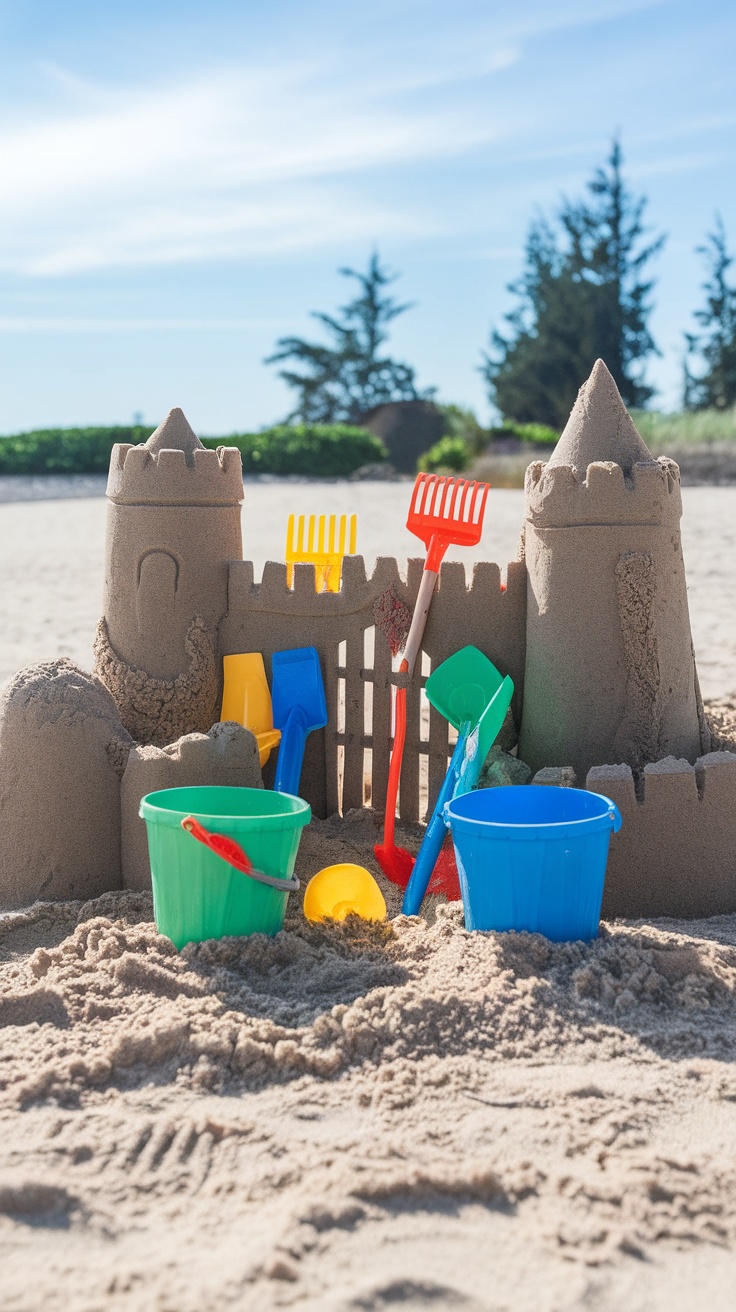 Colorful beach toys and a sandcastle on the shore.