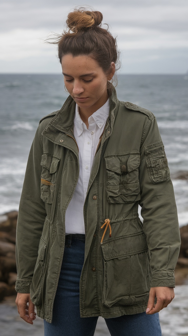 A woman wearing a green utility jacket by the ocean.
