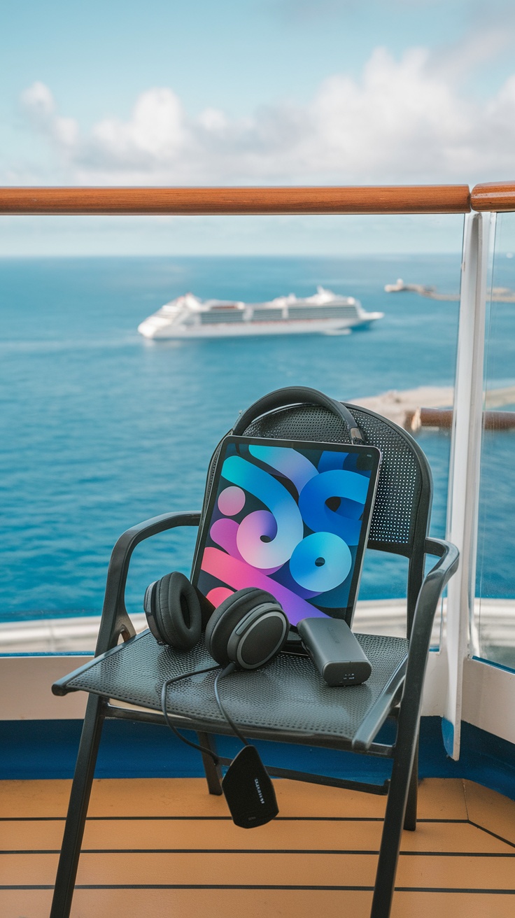 Tablet, headphones, and portable charger placed on a chair with ocean view.